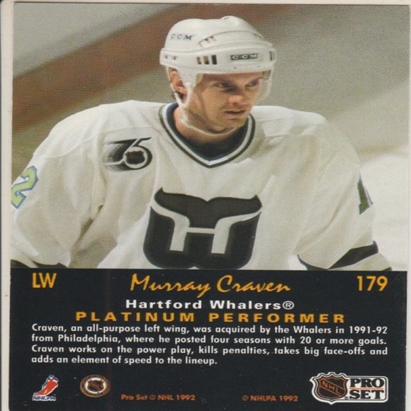 Murray Craven (Hartford Whalers) 1992 Pro Set Platinum Card - Card Number 179 - Picture 2 of 2